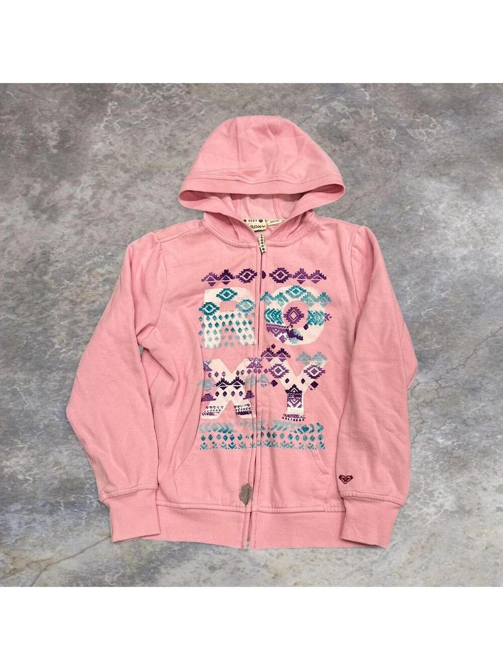Pink Roxy zip up hoodie with multi-coloured graphics #y2kfashion #kidcore